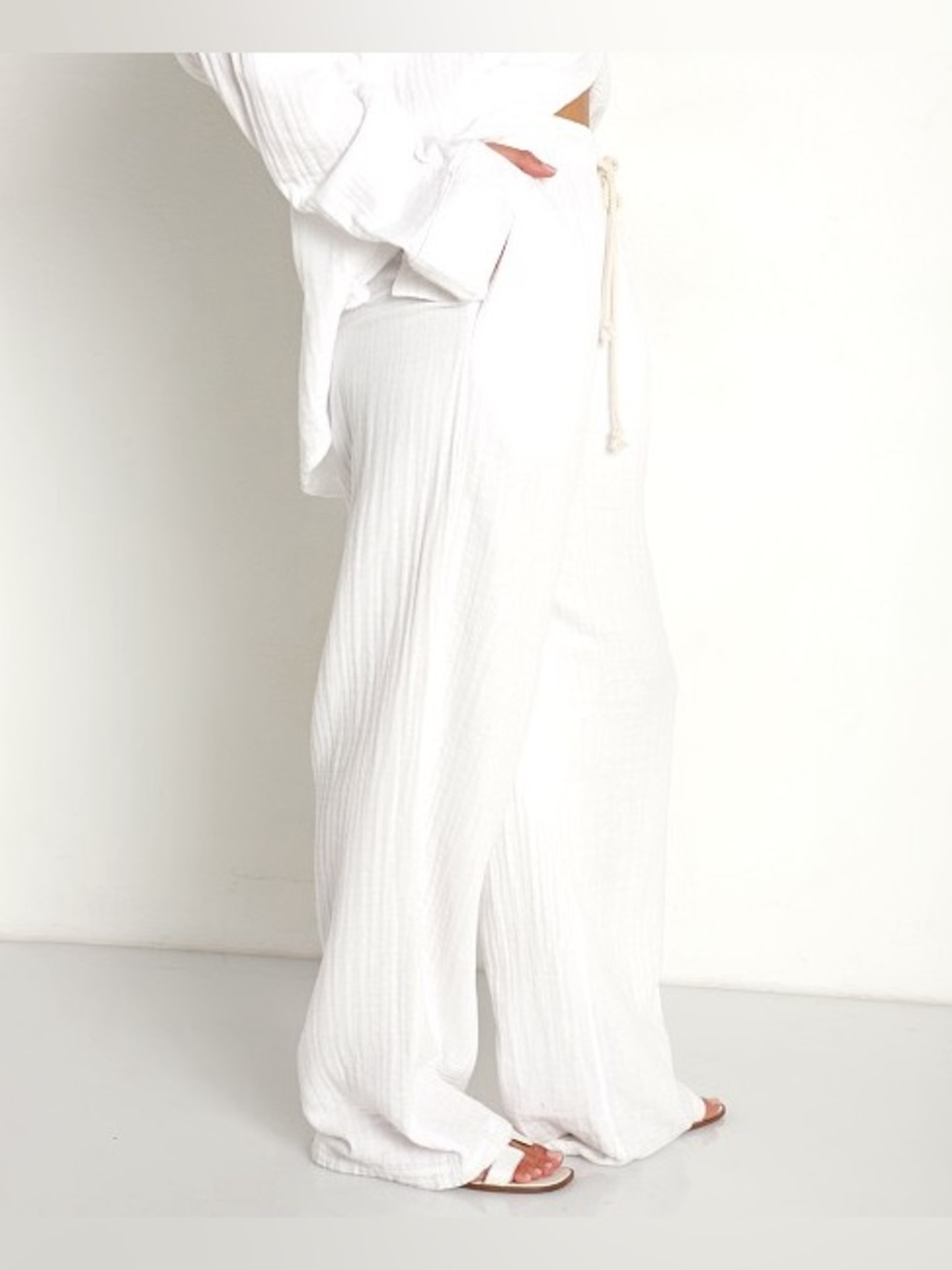 DoNNI bubble pants gauze Wide Leg White Linen-Blend Drawstring Pants